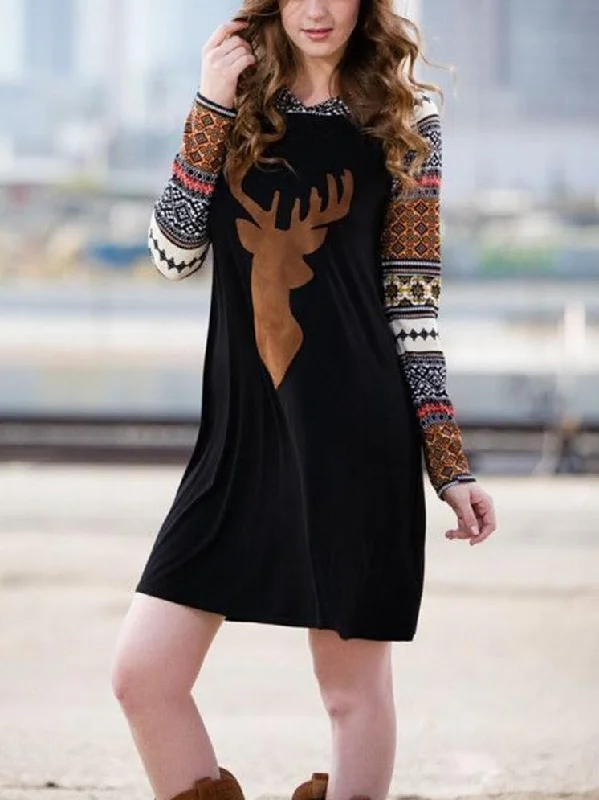 Print Elk Hooded Stitching Christmas Mini Dress Trendy Mesh Mini Dress