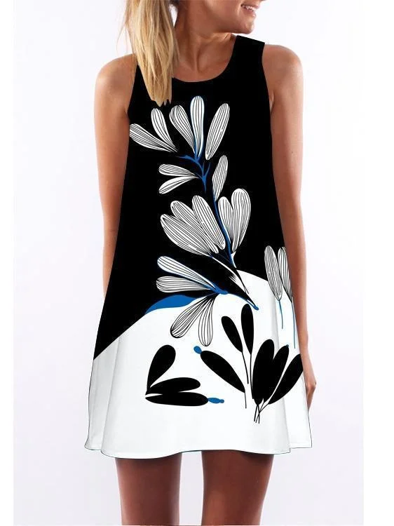 Printed Round Neck Sleeveless Petal Mini Dress Classic Shift Mini Dress