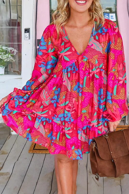 Rose Tropical Printed Lantern Sleeve V Neck Ruffled Plus Size Mini Dress Trendy Camisole Mini Dress