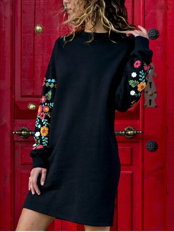 Round Neck Floral Long Sleeve Mini Dress Cozy A-Line Mini Dress