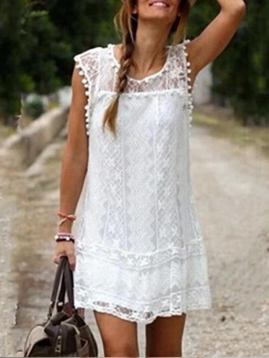 Round Neck Lace Casual Beach Mini Dress Cozy Cotton Mini Dress