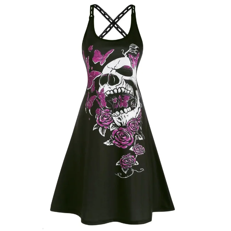 Skull Rose Print Gothic Mini Dress Cross Back Cut-Out Strap A Line Comfortable Smocked Mini Dress