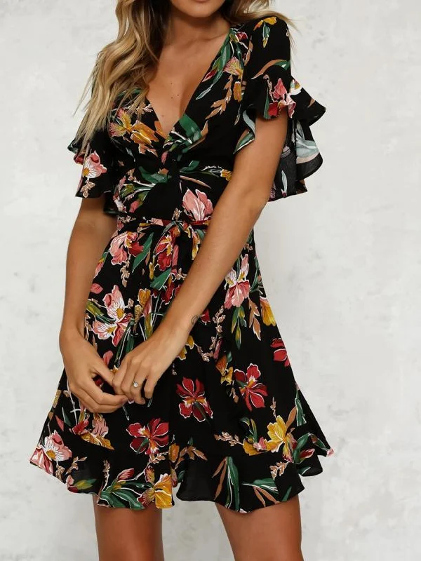 Summer Floral Print V Neck Short Sleeve Mini Dress Stylish Puff Sleeve Mini Dress