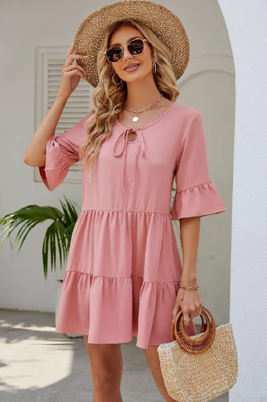 Tied Flounce Sleeve Tiered Mini Dress Chic Sleeveless Mini Dress