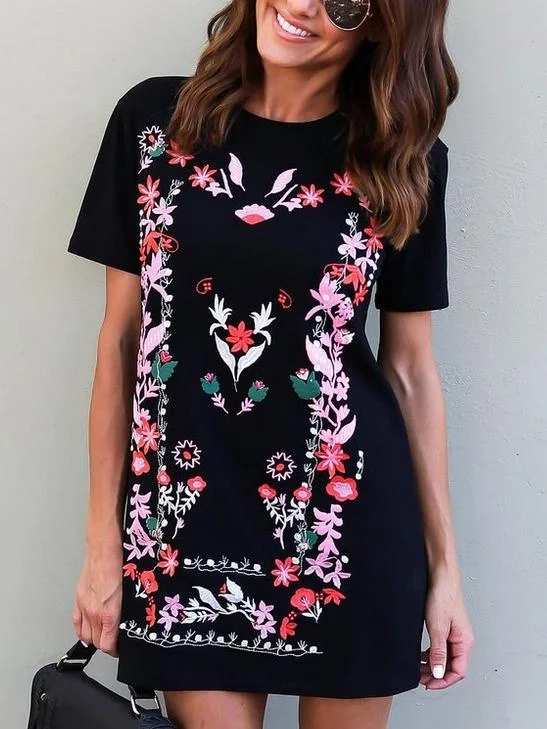 Women Floral Short Sleeve Boho Black Mini Dress Cozy Cotton Mini Dress