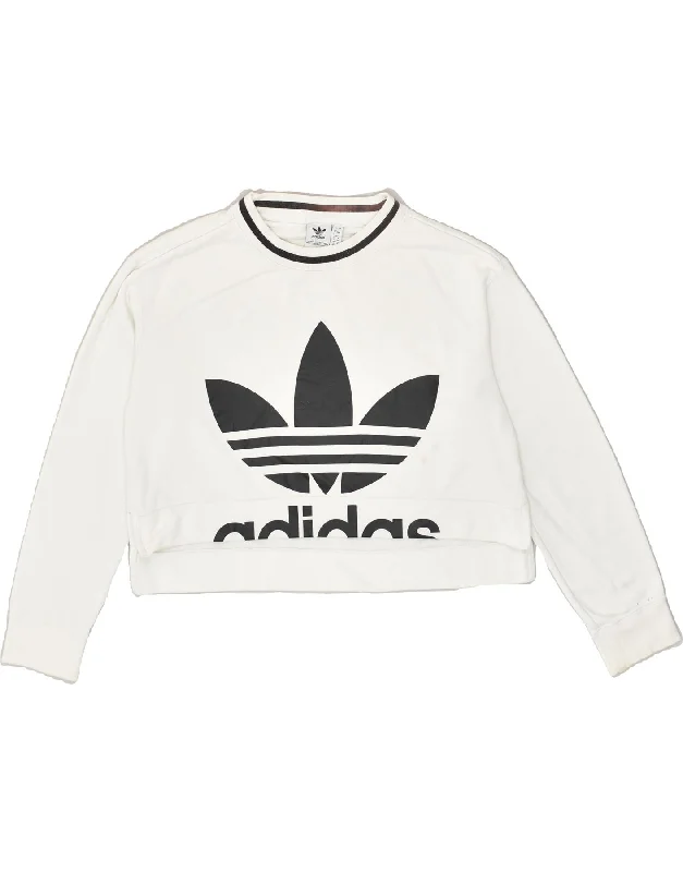 ADIDAS Womens Crop Graphic Sweatshirt Jumper UK 8 Small  White Cotton Zip Hoodie Drawstring Kangaroo Pocket