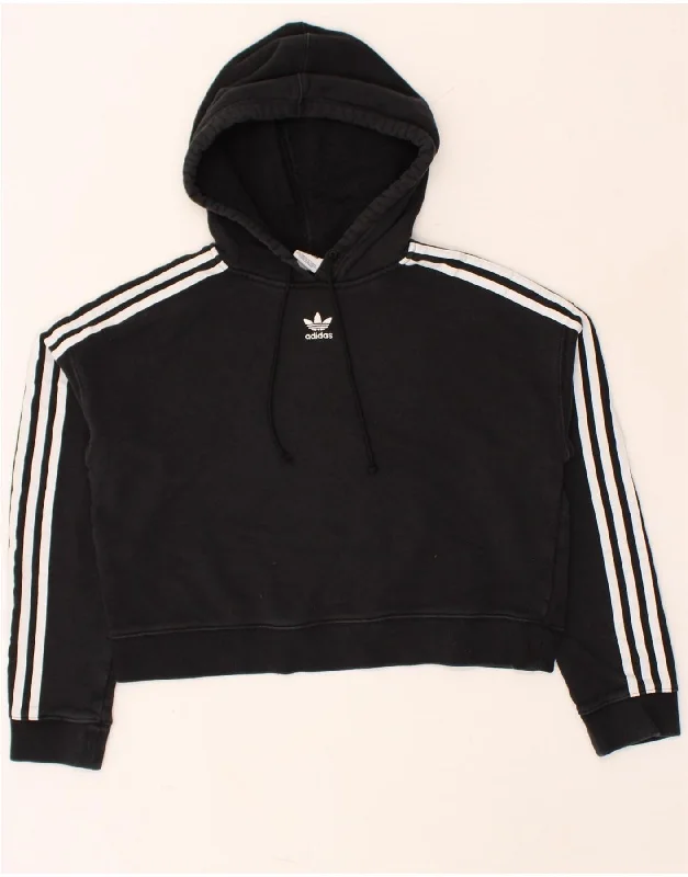 ADIDAS Womens Crop Hoodie Jumper UK 10 Small Black Cotton Hoodie with Raglan Sleeves Sporty Comfortable