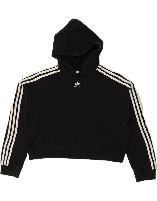 ADIDAS Womens Crop Hoodie Jumper UK 12 Medium Black Cotton Hoodie with Distressed Vintage Worn ADIDAS Womens Crop Hoodie Jumper UK 12 Medium Black Cotton Hoodie with Distressed Vintage Worn