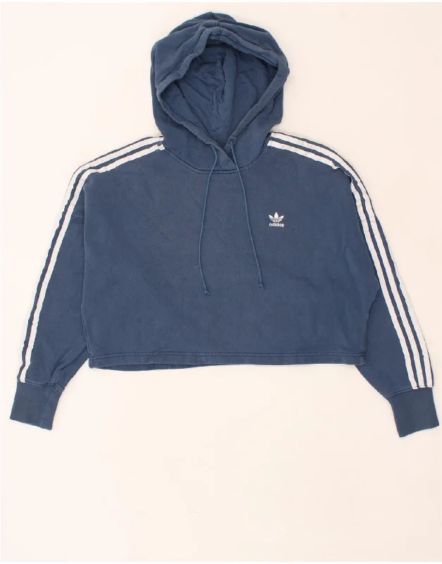 ADIDAS Womens Crop Hoodie Jumper UK 6 XS Navy Blue Cotton Hoodie with Illustration Artistic Creative