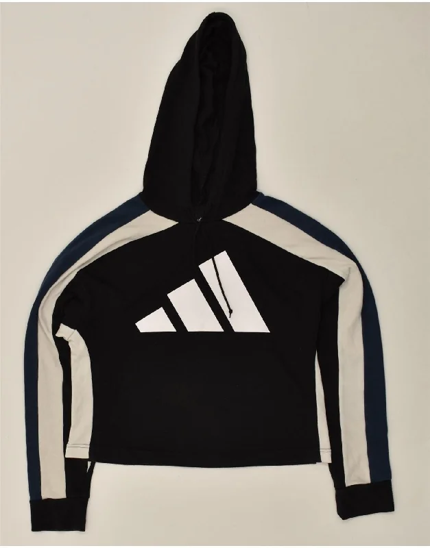 ADIDAS Womens Graphic Crop Hoodie Jumper UK 8/10 Small Black Cotton Hoodie with Mesh Breathable Sporty