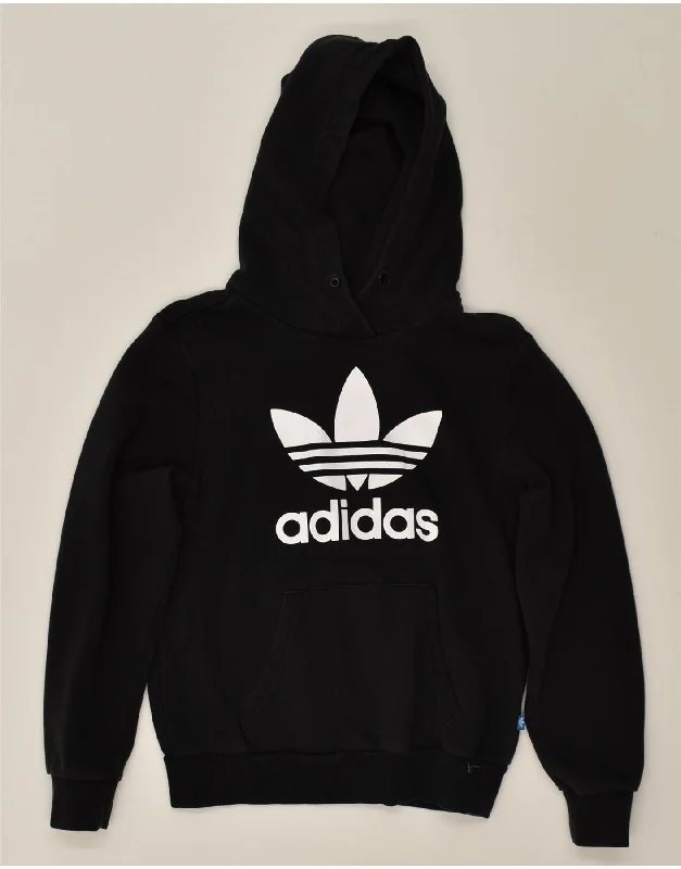 ADIDAS Womens Graphic Hoodie Jumper UK 10 Small Black Cotton Hoodie with Distressed Vintage Worn