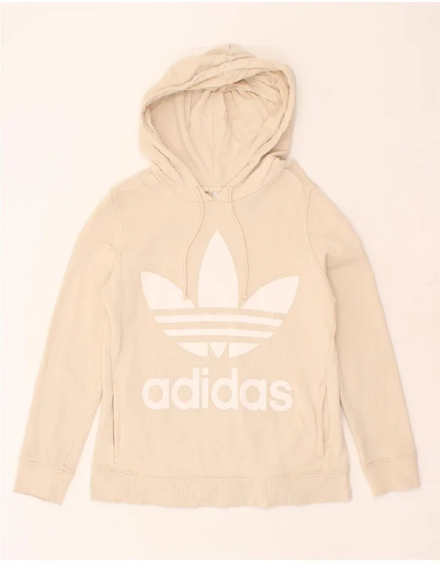 ADIDAS Womens Graphic Hoodie Jumper UK 12 Medium  Beige Cotton Hoodie with Puffed Sleeves Voluminous Trendy