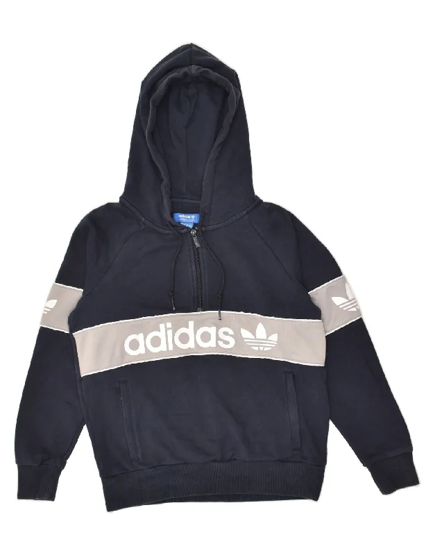 ADIDAS Womens Graphic Hoodie Jumper UK 6 XS  Navy Blue Colourblock Cotton Hoodie with Hem Lace Feminine Delicate