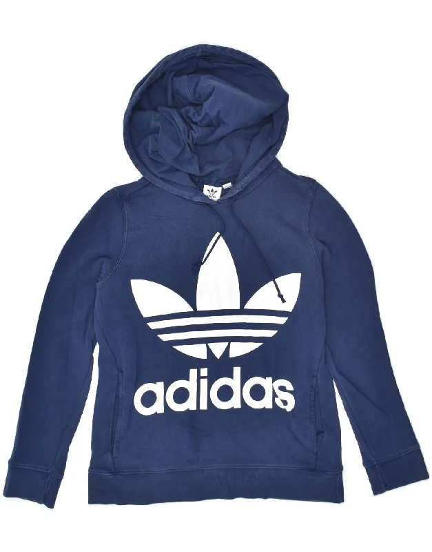 ADIDAS Womens Graphic Hoodie Jumper UK 6 XS Navy Blue Cotton Hoodie with Raw Hem Edgy Unfinished