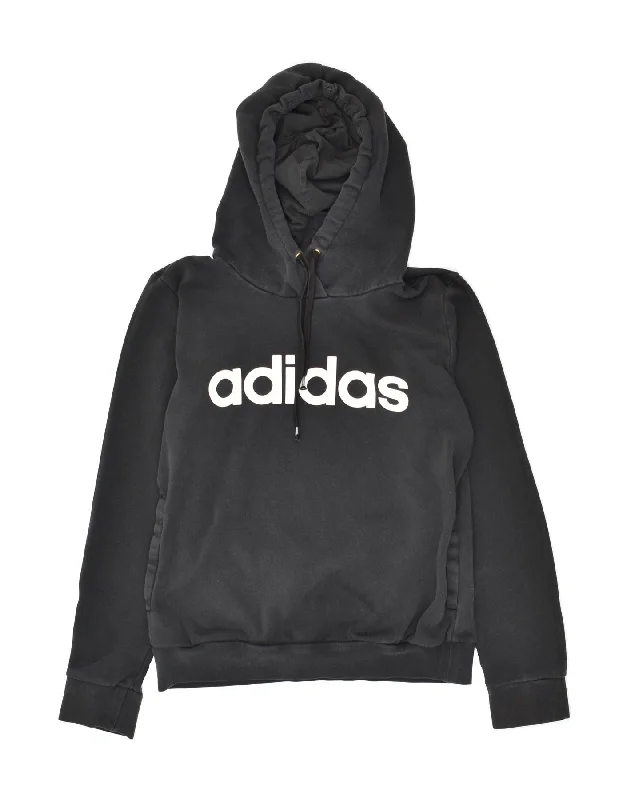 ADIDAS Womens Graphic Hoodie Jumper UK 8/10 Small Black Cotton Hoodie with V-Neck Classic Versatile