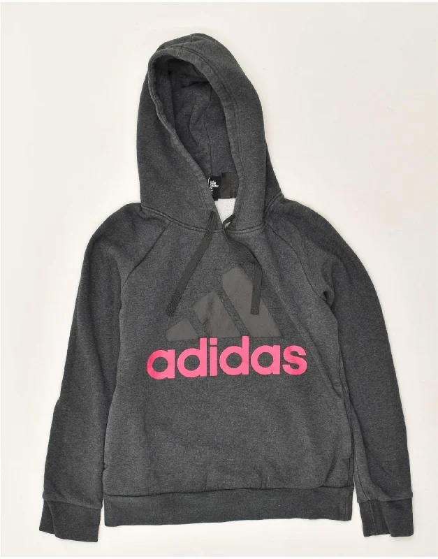 ADIDAS Womens Graphic Hoodie Jumper UK 8/10 Small  Grey Cotton Hoodie with Slit Hem Functional Movement