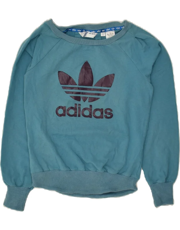 ADIDAS Womens Graphic Sweatshirt Jumper EU 38 Medium Blue Cotton Hoodie with Hem Lace Feminine Delicate