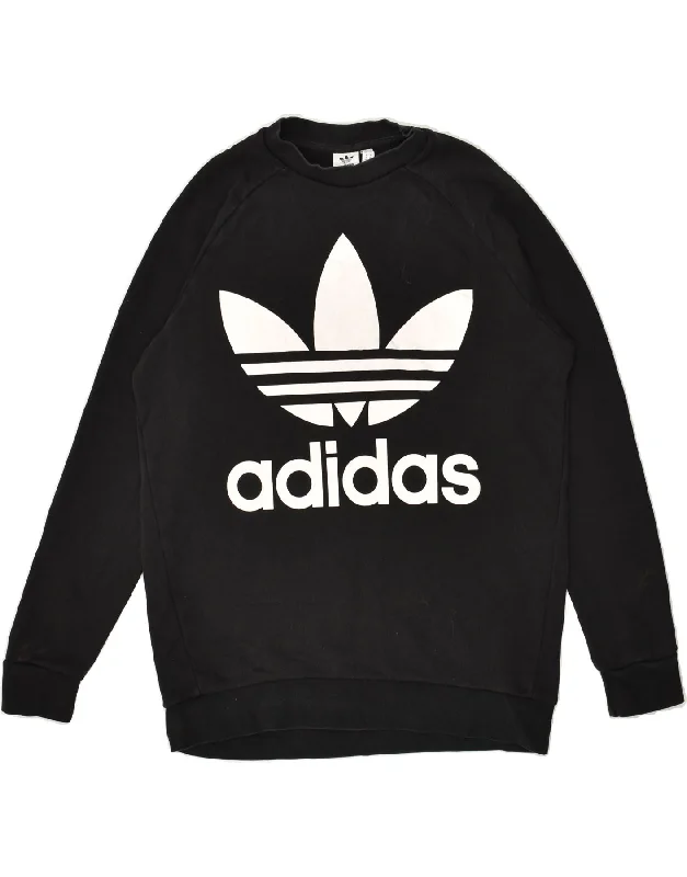 ADIDAS Womens Graphic Sweatshirt Jumper UK 12 Medium Black Cotton Hoodie with Color Block Contrast Stylish