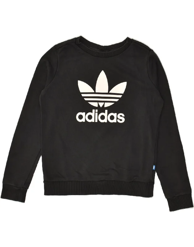 ADIDAS Womens Graphic Sweatshirt Jumper UK 8 Small Black Cotton Hoodie with Hem Ribbing Snug Secure