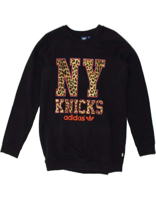 ADIDAS Womens NY Knicks Graphic Sweatshirt Jumper UK 12 Medium Navy Blue Hoodie with Hem Drawcord Adjustable Customizable