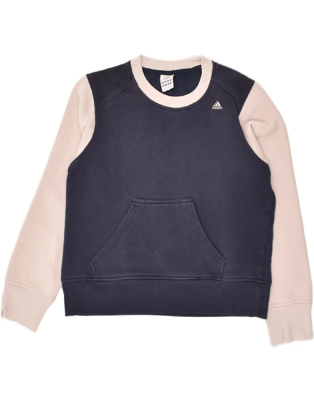 ADIDAS Womens Sweatshirt Jumper UK 12 Medium Navy Blue Colourblock Cotton Hoodie with Slim Fit Tailored Modern