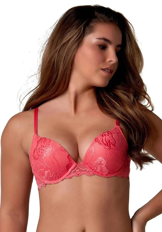 After Eden Anna Single Boost Plunge Wired Bra, Bright Pink Sexy Lace Bralette