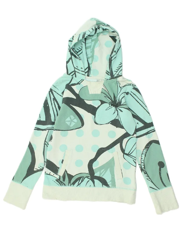 ANIMAL Womens Hoodie Jumper UK 10 Small Green Floral Cotton Hoodie with Stripes Bold Sporty