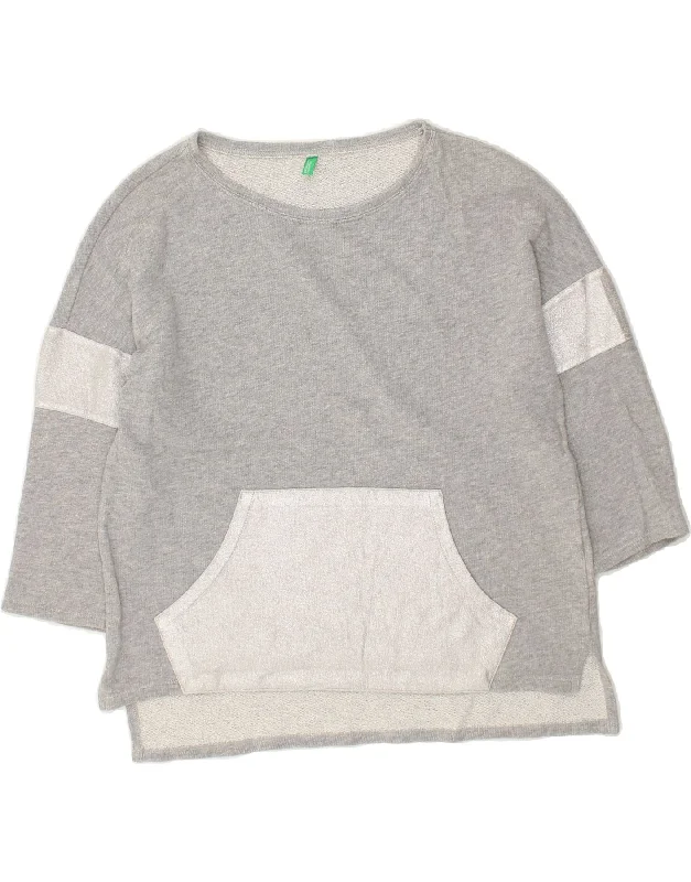 BENETTON Womens 3/4 Sleeve Sweatshirt Jumper UK 14 Medium Grey Colourblock Hoodie with Print Artistic Unique