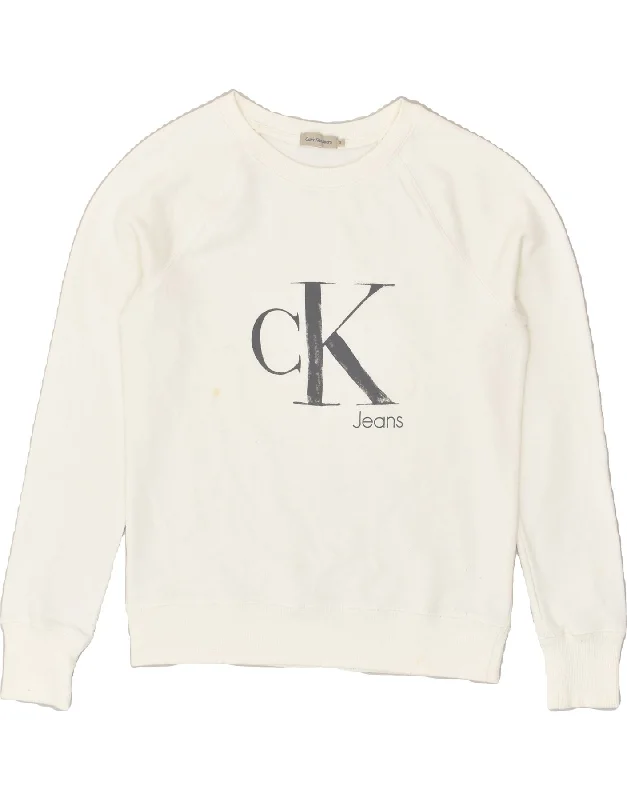 CALVIN KLEIN Womens Graphic Sweatshirt Jumper UK 10 Small White Cotton Hoodie with Hood Adjustable Protection