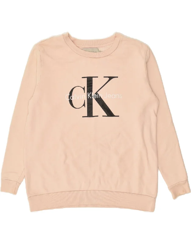 CALVIN KLEIN Womens Graphic Sweatshirt Jumper UK 14 Medium Beige Hoodie with Logo Branding Identity