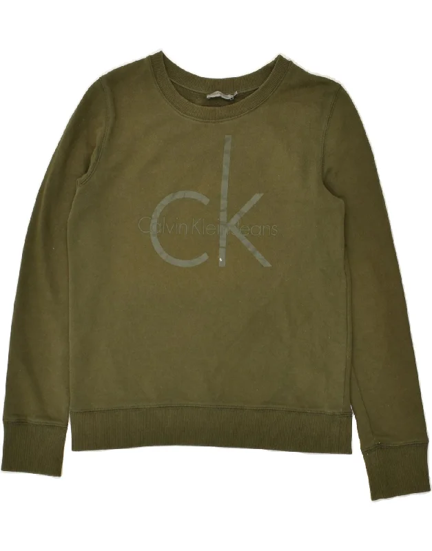 CALVIN KLEIN Womens Graphic Sweatshirt Jumper UK 14 Medium Khaki Cotton Hoodie with Elastic Waist Stretchable Comfortable