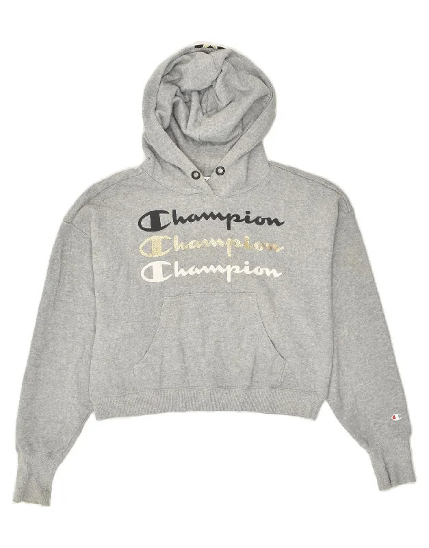 CHAMPION Womens Crop Graphic Hoodie Jumper UK 10 Small Grey Cotton Hoodie with Hem Embroidery Detailed Premium