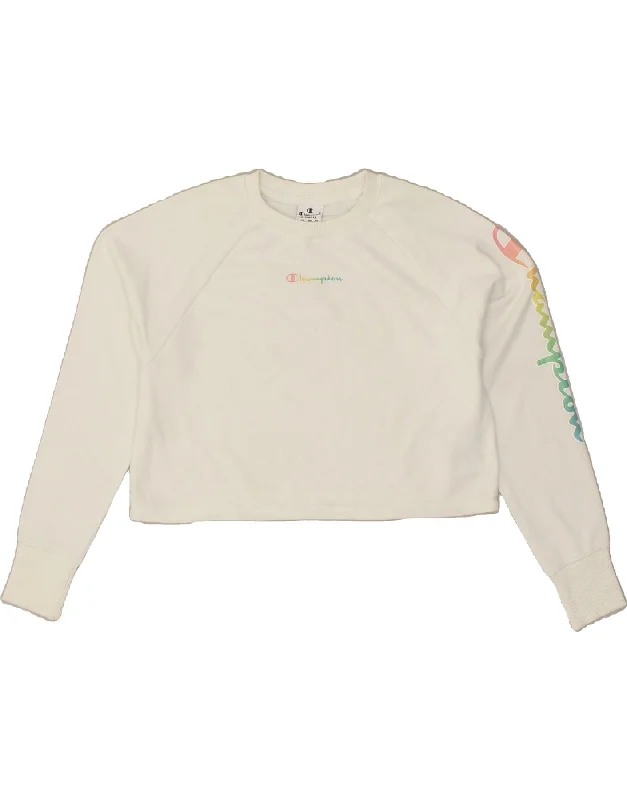 CHAMPION Womens Crop Graphic Sweatshirt Jumper UK 6 XS White Cotton Hoodie with Tied Waist Feminine Flattering CHAMPION Womens Crop Graphic Sweatshirt Jumper UK 6 XS White Cotton Hoodie with Tied Waist Feminine Flattering