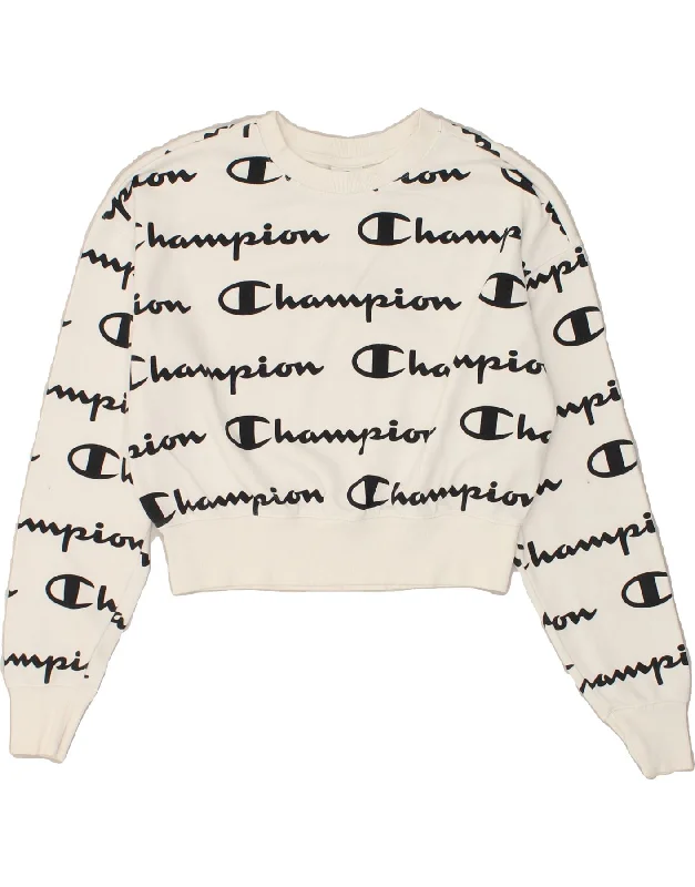 CHAMPION Womens Crop Sweatshirt Jumper UK 10 Small White Cotton Hoodie with Ribbed Hem Stretchable Secure