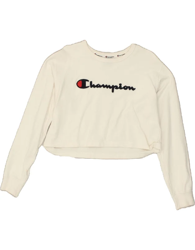 CHAMPION Womens Graphic Crop Sweatshirt Jumper UK 14 Large Off White Hoodie with Pattern Geometric Abstract