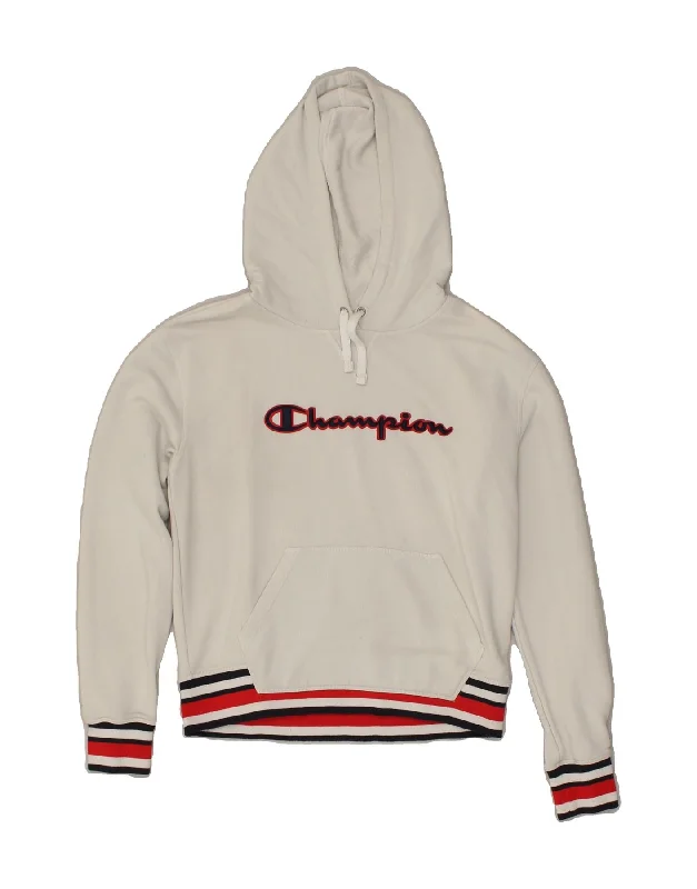 CHAMPION Womens Graphic Hoodie Jumper UK 14 Medium White Hoodie with Velcro Closure Adjustable Secure