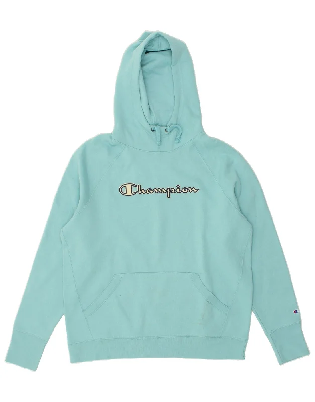CHAMPION Womens Graphic Hoodie Jumper UK 16 Large Blue Cotton Hoodie with Hem Embroidery Detailed Premium CHAMPION Womens Graphic Hoodie Jumper UK 16 Large Blue Cotton Hoodie with Hem Embroidery Detailed Premium