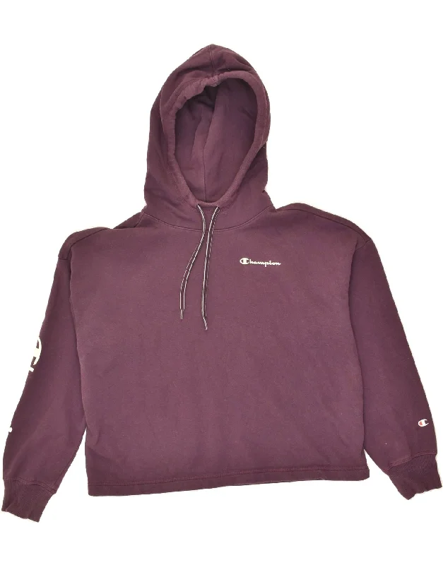 CHAMPION Womens Graphic Hoodie Jumper UK 16 Large Purple Cotton Hoodie with Strings Custom Fit Adjustable