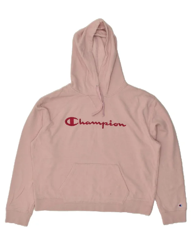 CHAMPION Womens Graphic Hoodie Jumper UK 18 XL Pink Cotton Hoodie with Button Placket Classic Preppy