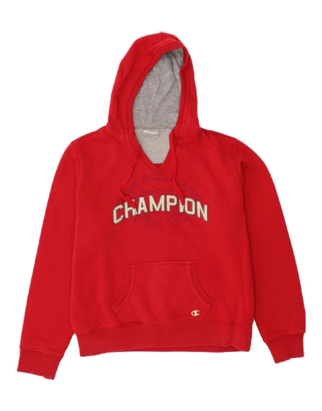 CHAMPION Womens Graphic Hoodie Jumper UK 18 XL Red Cotton Hoodie with Snap Buttons Easy Quick