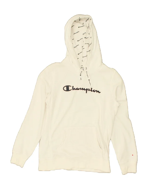 CHAMPION Womens Graphic Hoodie Jumper UK 18 XL White Cotton Hoodie with Earth Tones Natural Calm