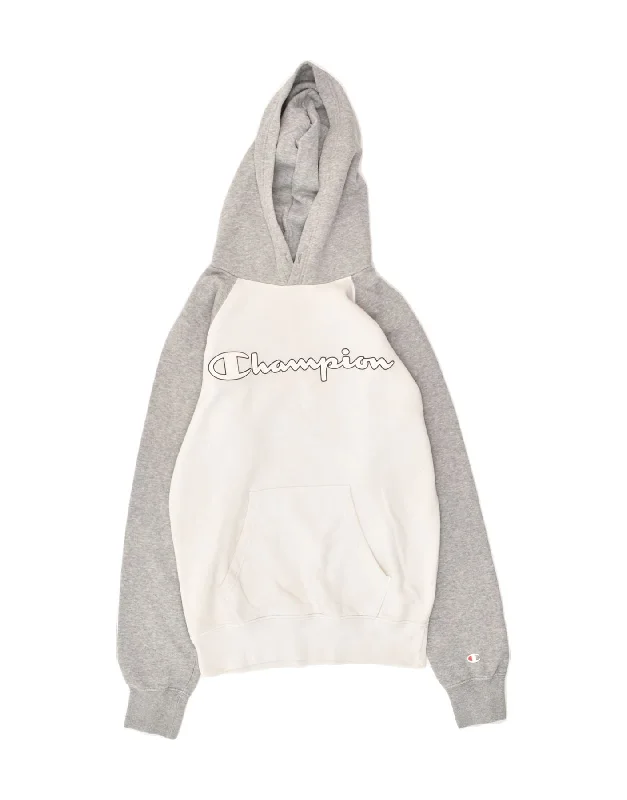 CHAMPION Womens Graphic Hoodie Jumper UK 6 XS Grey Colourblock Cotton Hoodie with Slit Hem Functional Movement