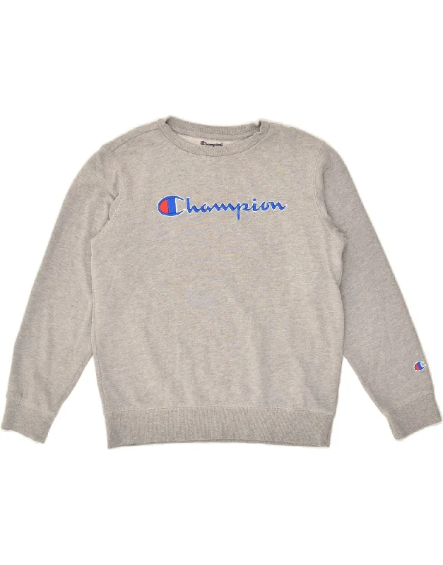 CHAMPION Womens Graphic Sweatshirt Jumper UK 14 Large Grey Cotton Hoodie with Color Block Contrast Stylish