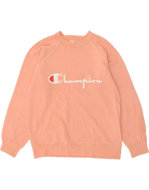 CHAMPION Womens Graphic Sweatshirt Jumper UK 16 Large Orange Hoodie with Distressed Vintage Worn