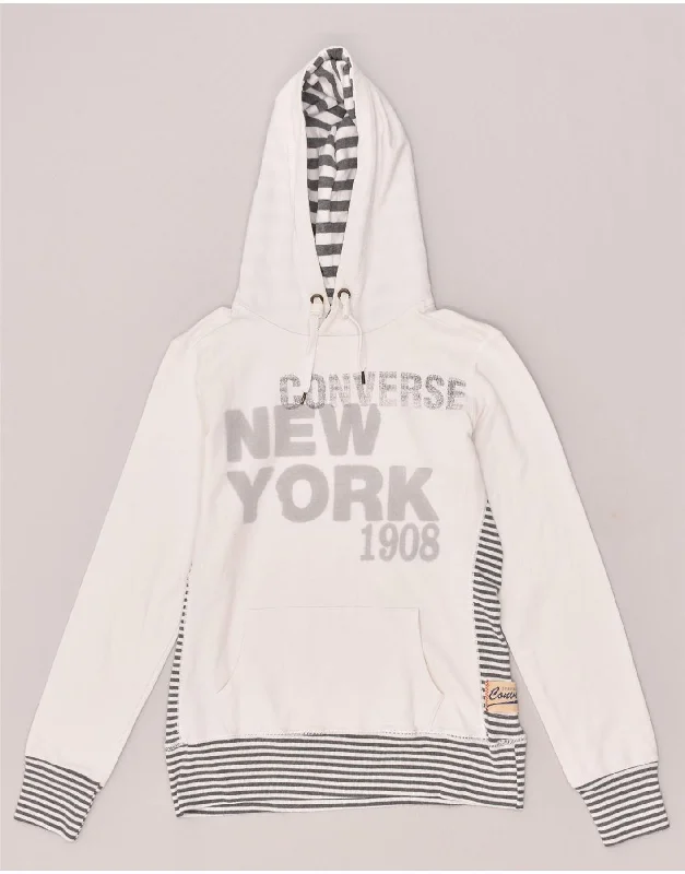 CONVERSE Womens Graphic Hoodie Jumper UK 10 Small White Hoodie with Set-In Sleeves Structured Classic