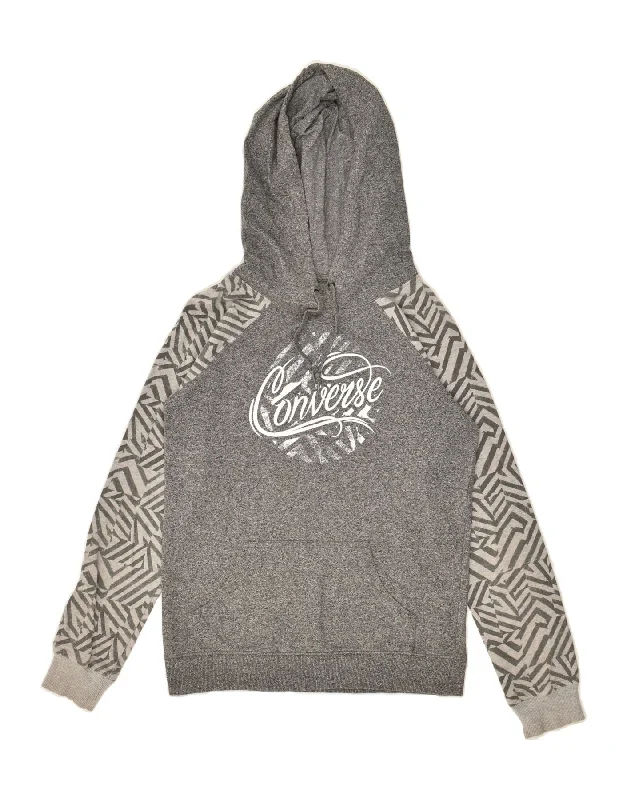 CONVERSE Womens Graphic Hoodie Jumper UK 6 XS Grey Flecked Hoodie with Contrast Stitching Detailed Premium