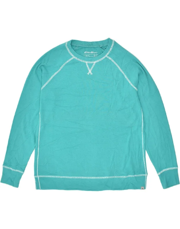 EDDIE BAUER Womens Sweatshirt Jumper UK 16 Large Turquoise Cotton Hoodie with Drawstring Waist Adjustable Fitted