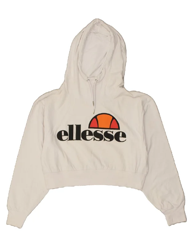 ELLESSE Womens Crop Graphic Hoodie Jumper UK 16 Large White Cotton Hoodie with Raglan Sleeves Sporty Comfortable