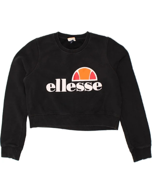 ELLESSE Womens Crop Graphic Sweatshirt Jumper UK 14 Large Black Cotton Hoodie with Ribbed Cuffs Snug Fit Comfort