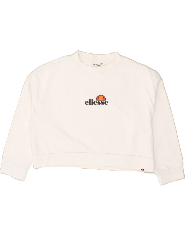 ELLESSE Womens Crop Graphic Sweatshirt Jumper UK 6 XS White Cotton Hoodie with Full-Zip Functional Layering